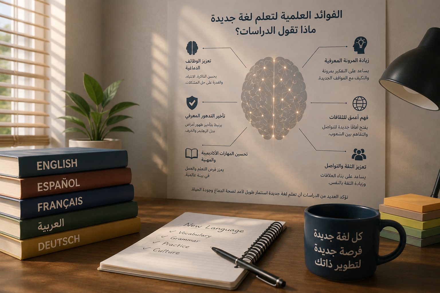الفوائد العلمية لتعلم لغة جديدة وفق أحدث الدراسات العلمية، بما يشمل الذاكرة والمرونة المعرفية والتواصل وفهم الثقافات.