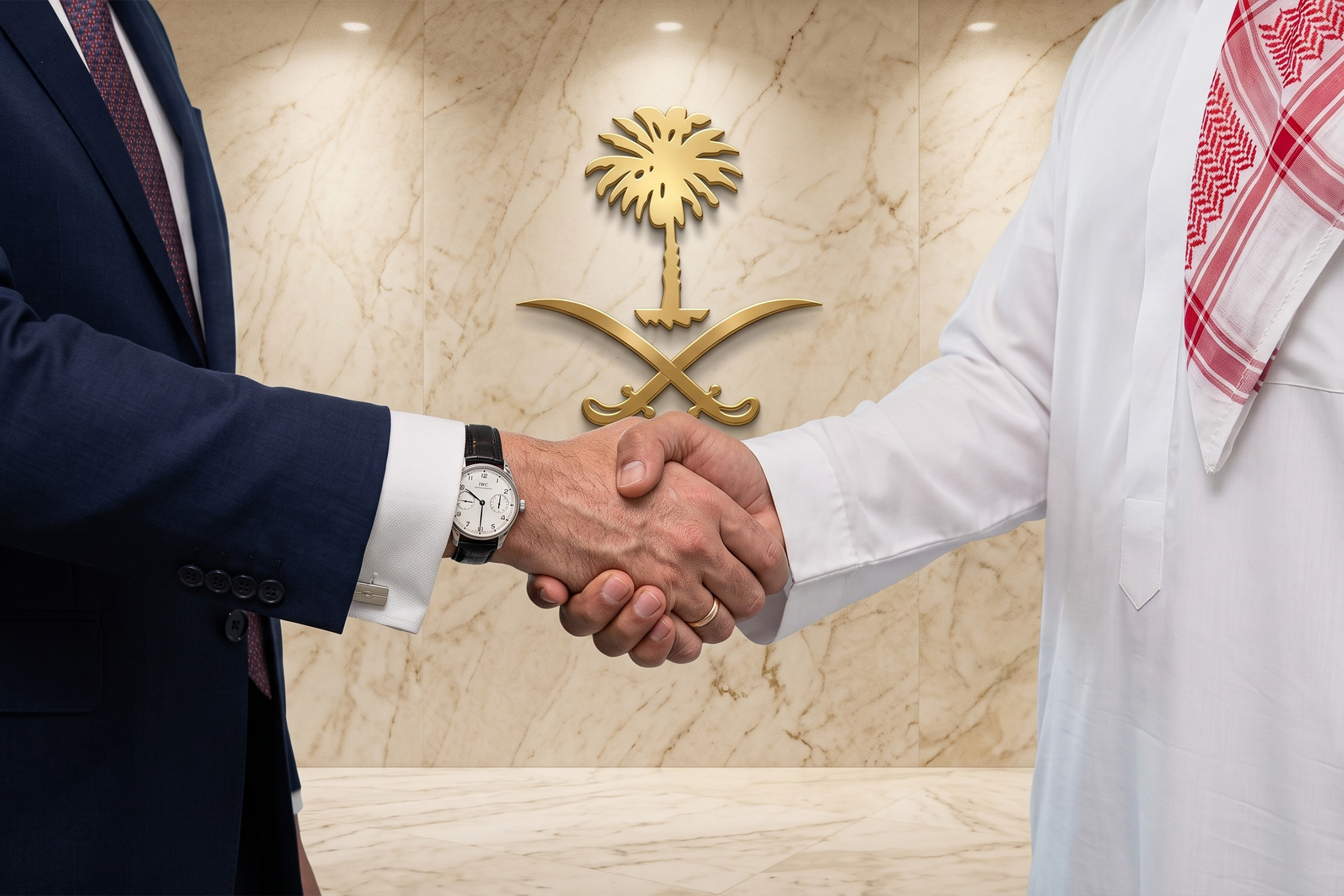 شعار المملكة العربية السعودية في خبر عن السلك الدبلوماسي وبرامج أكاديمية علّمني العربية التعليمية.