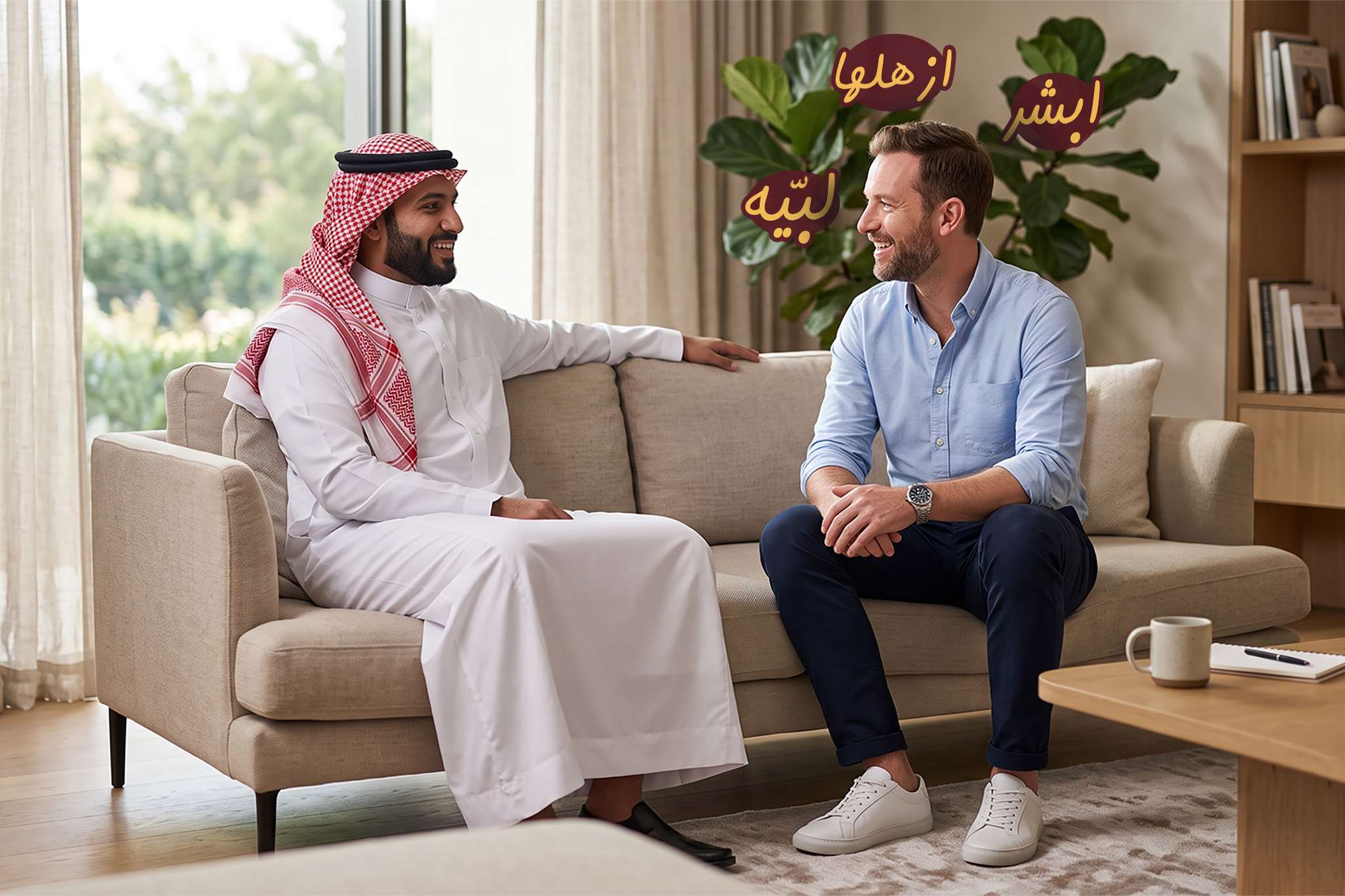 Two professionals having a conversation in Riyadh, illustrating how learning the Saudi dialect helps build stronger relationships and improve communication in work and everyday life.