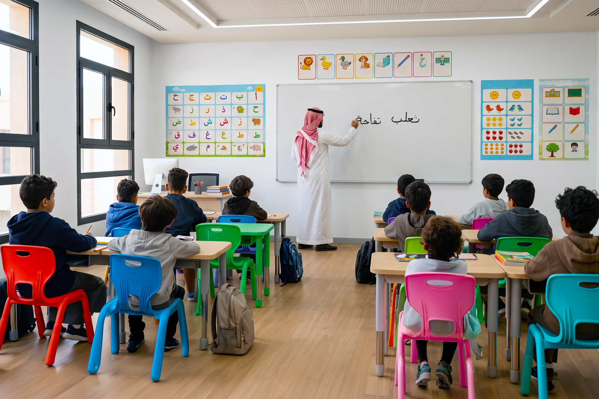 معلم يقدّم درسًا ضمن برامج تعليم العربية للأطفال في ياهلا، تجمع بين اللغة العربية والثقافة السعودية.